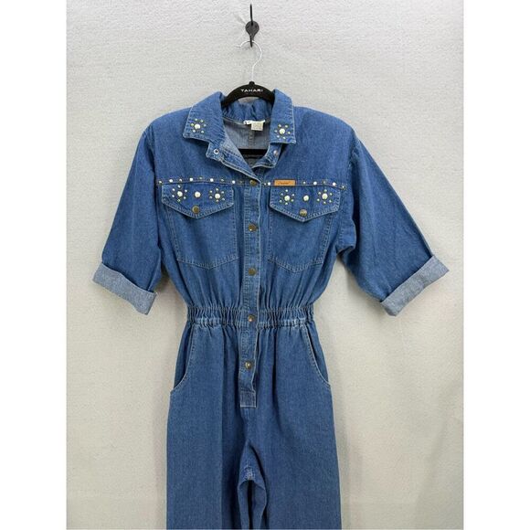 Vintage Dreams Womens Blue Snap Front Embellished Denim Jumpsuit Size Medium - Picture 3 of 12